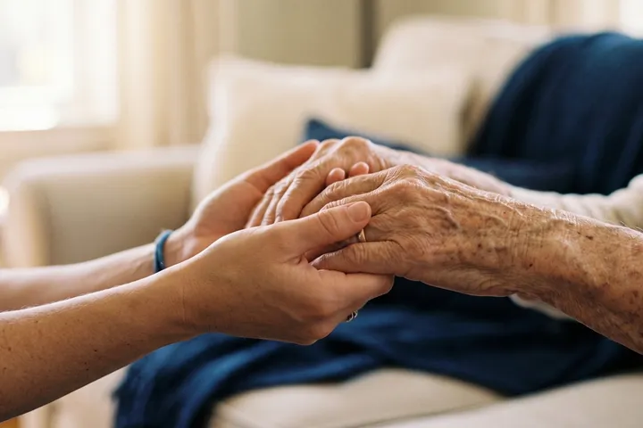 Dłonie Opiekunki delikatnie trzymające dłonie seniorki