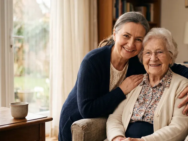 Uśmiechnięta Opiekunka obejmuje seniorkę siedzącą w fotelu (zdjęcie ilustracyjne)