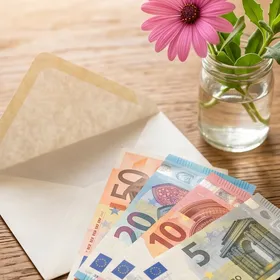 Koperta z banknotami euro i kwiatkiem na drewnianym stole